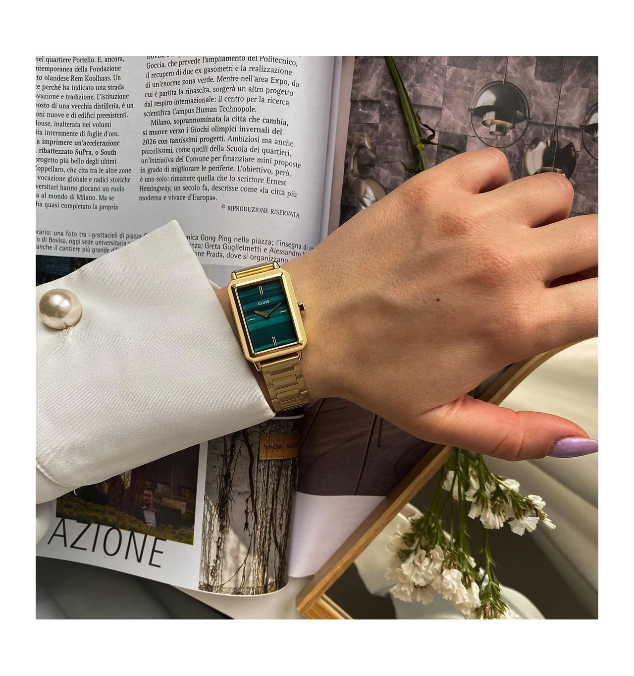 cluse-fluette-montre-femme-acier-doré-vert-bijoux totem