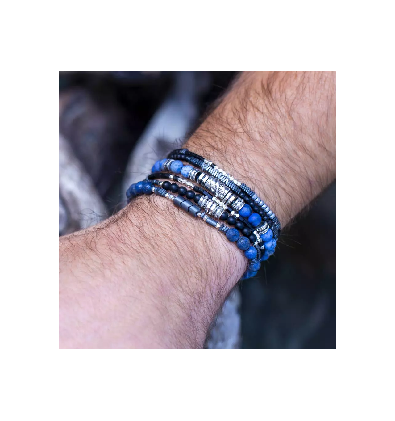 doriane-bijoux-bracelet-homme-bleu-élastique-argent-bijoux totem