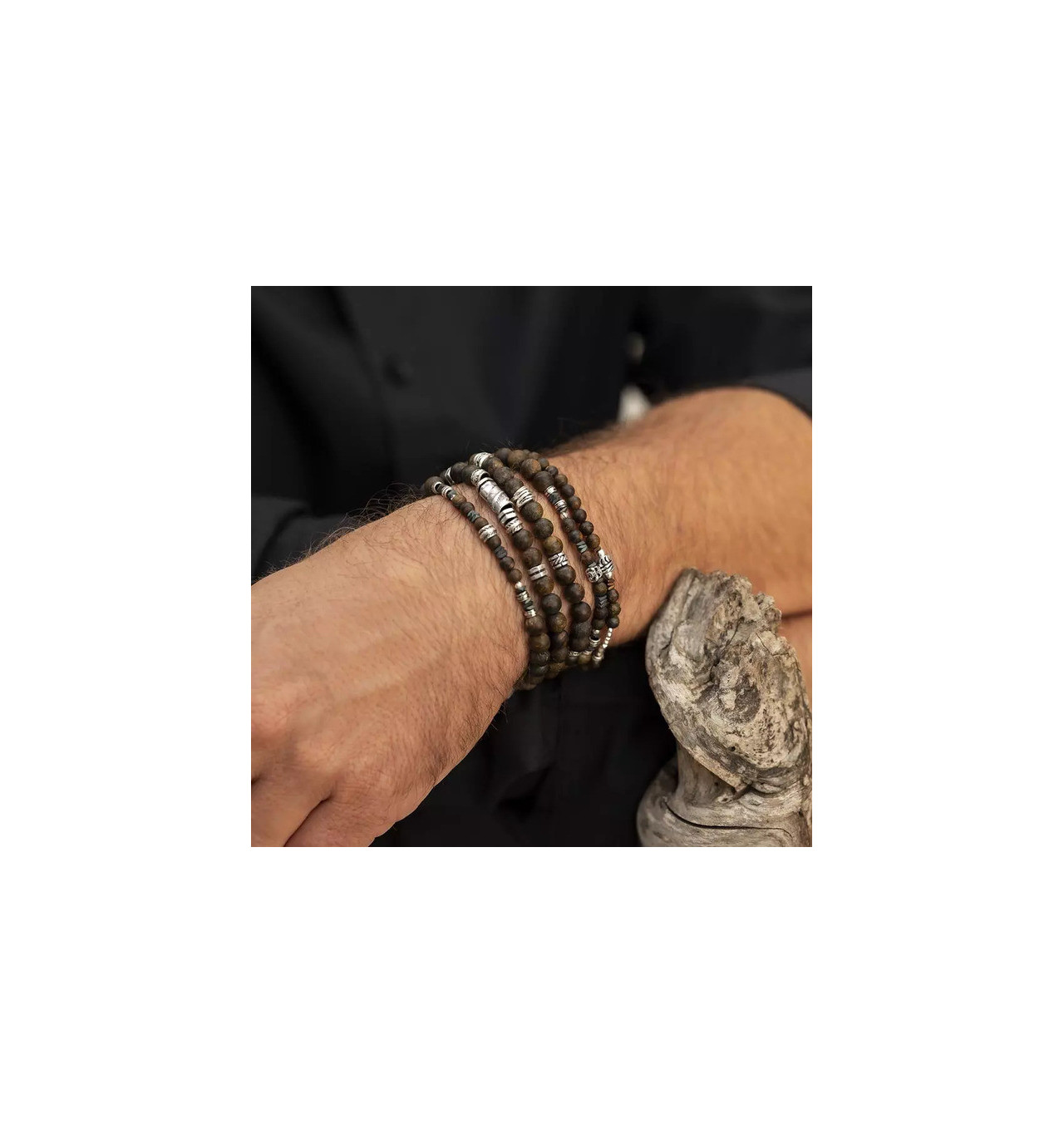 doriane-bijoux-élastiqué-double rangs-bracelet-homme-bronzite-argent-bijoux totem