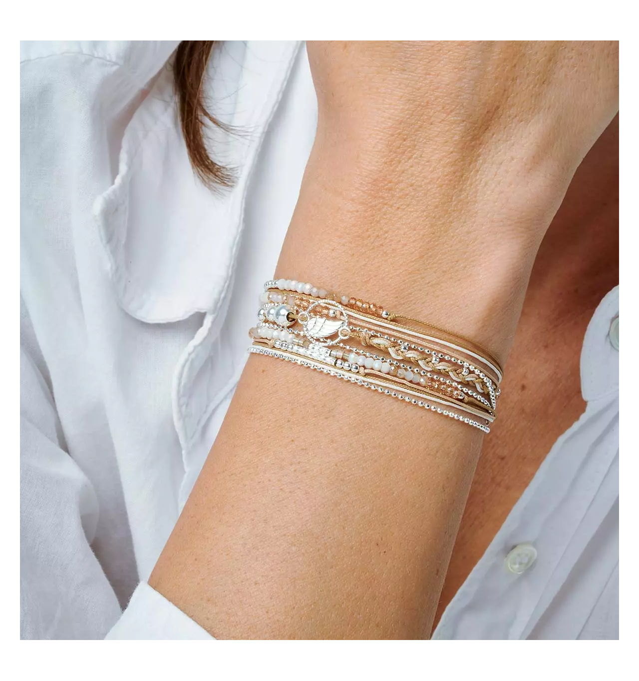 doriane bijoux-bracelet-argent-3 tours-beige-ecru-bijoux totem.