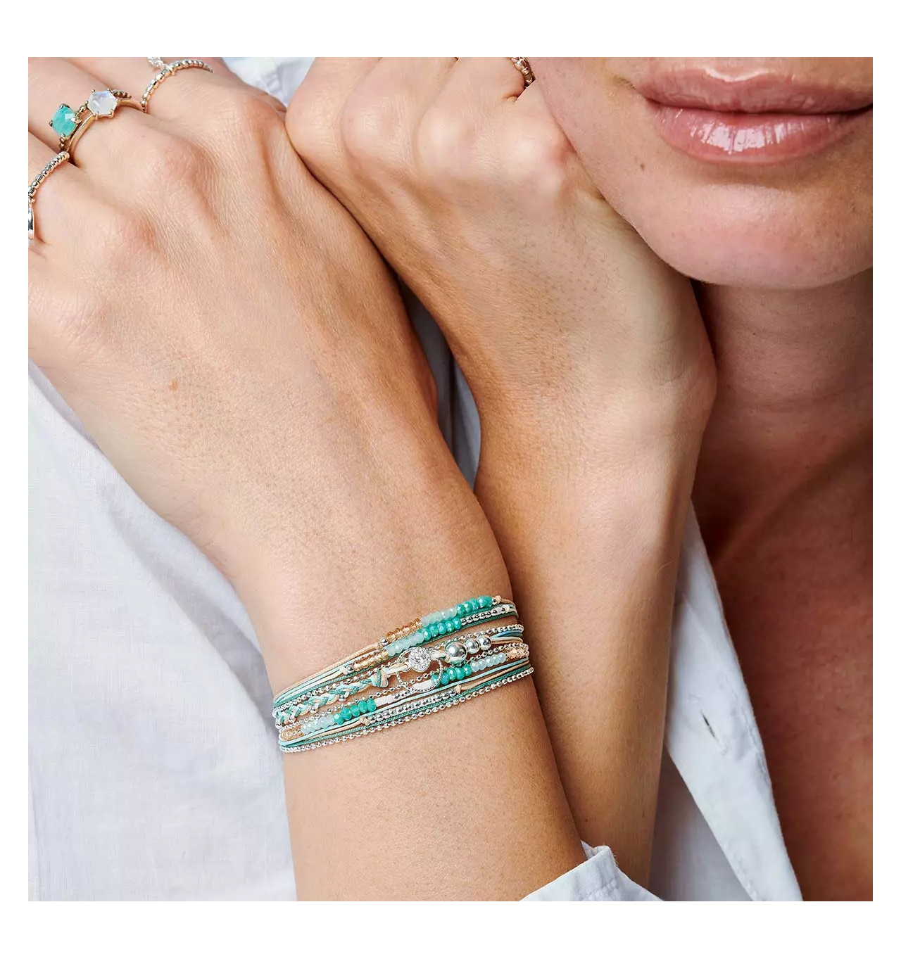 doriane bijoux-bracelet-argent-3 tours-beige-blanc-vert-bijoux totem.