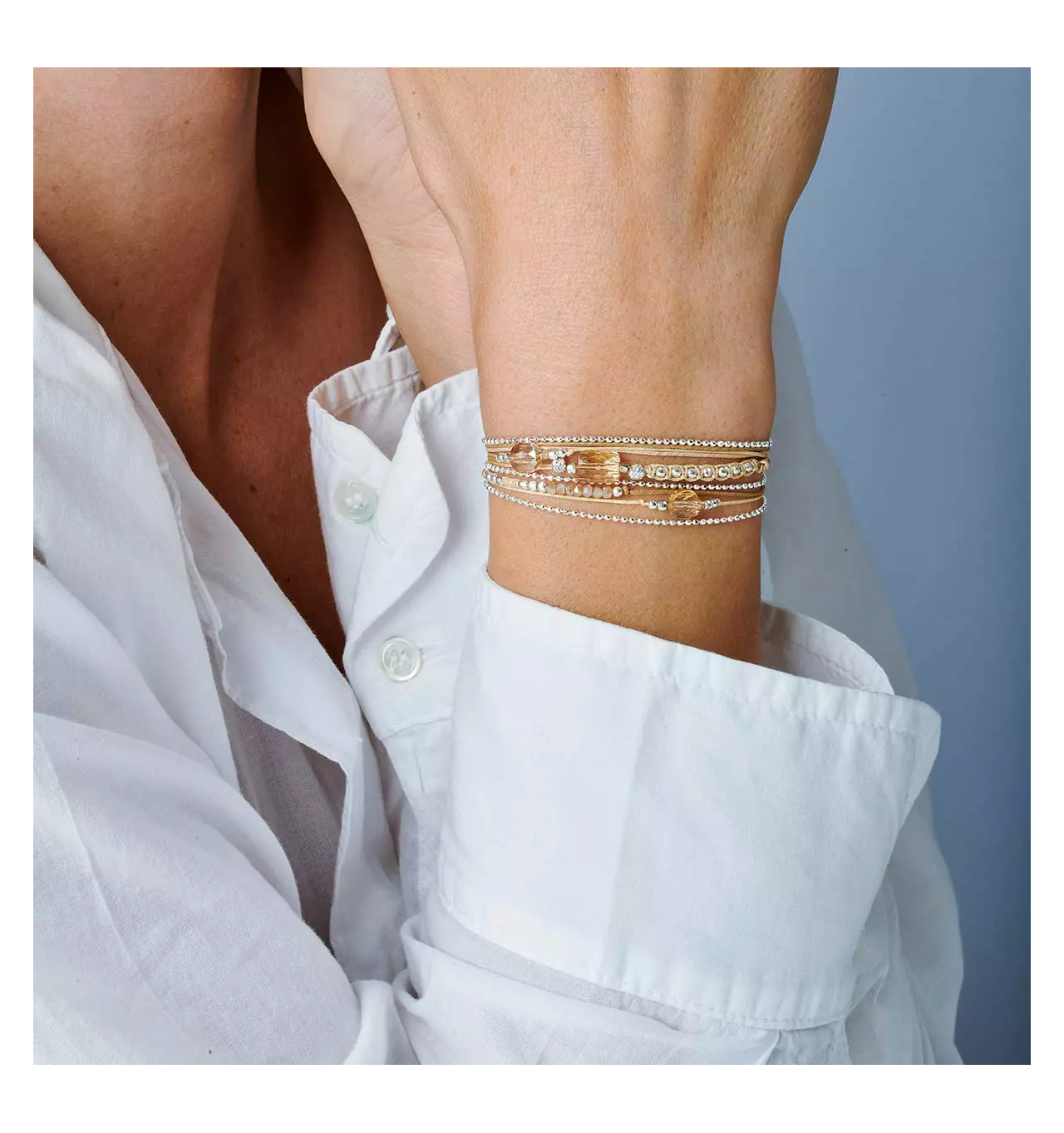 doriane bijoux-viruose-bracelet-argent-3 tours-beige-écru-bijoux totem.