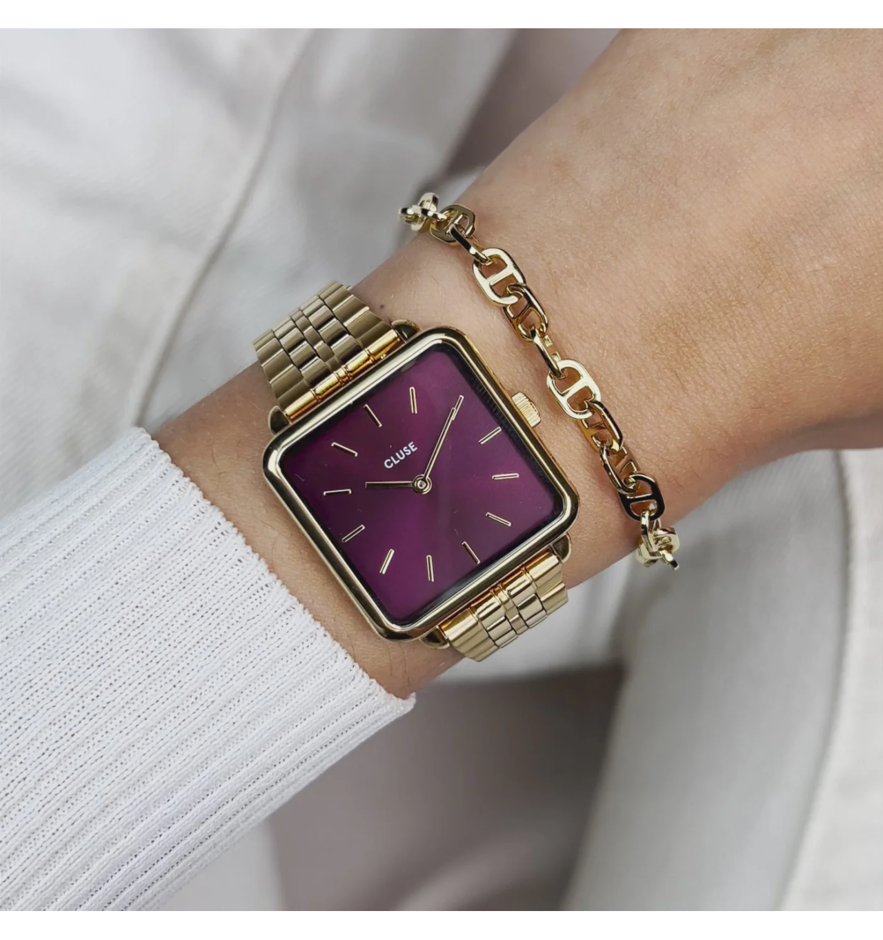 cluse-tetragone-dark cherry-montre-femme-acier-doré-bijoux totem