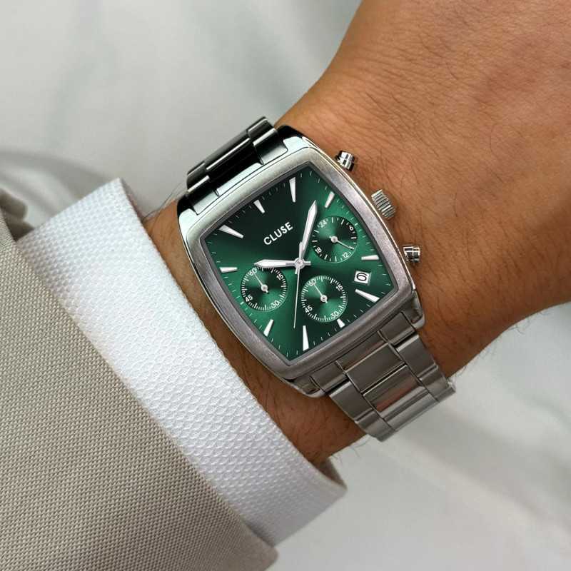 cluse-quartaut-montre-homme-acier-vert-chrono-bijoux totem