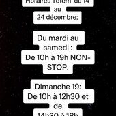 Horaires du 14 au 24 décembre:

Du mardi au samedi: de 10h à 19h NON-STOP. 

Dimanche 19 décembre: de 10h à 12h30 et de 14h30 à 18h.

#shopping #shoppingaddict #noel